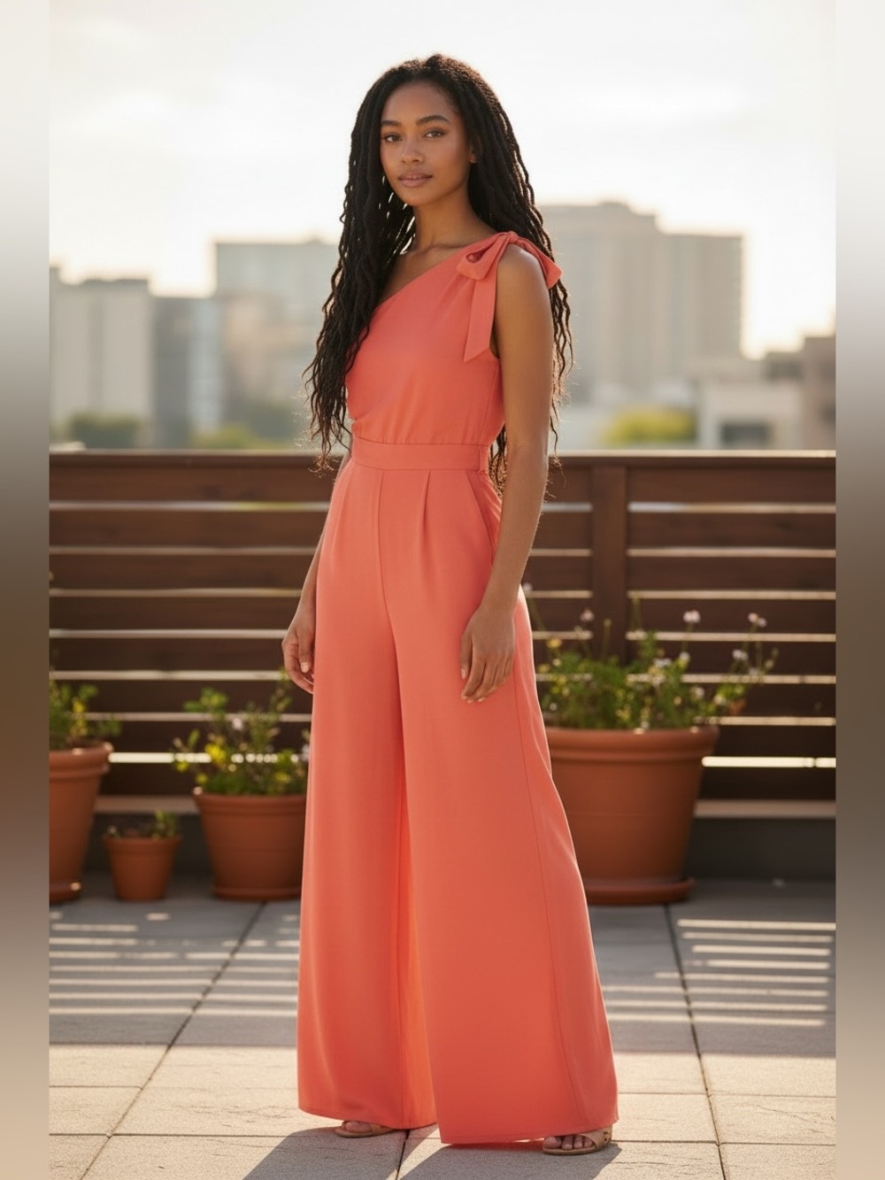NEW• New York & Co Coral Solid One Shoulder Jumpsuit• XL